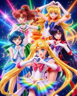 Five anime magical girls in sailor uniforms posed dramatically with rainbow cosmic background and light effects