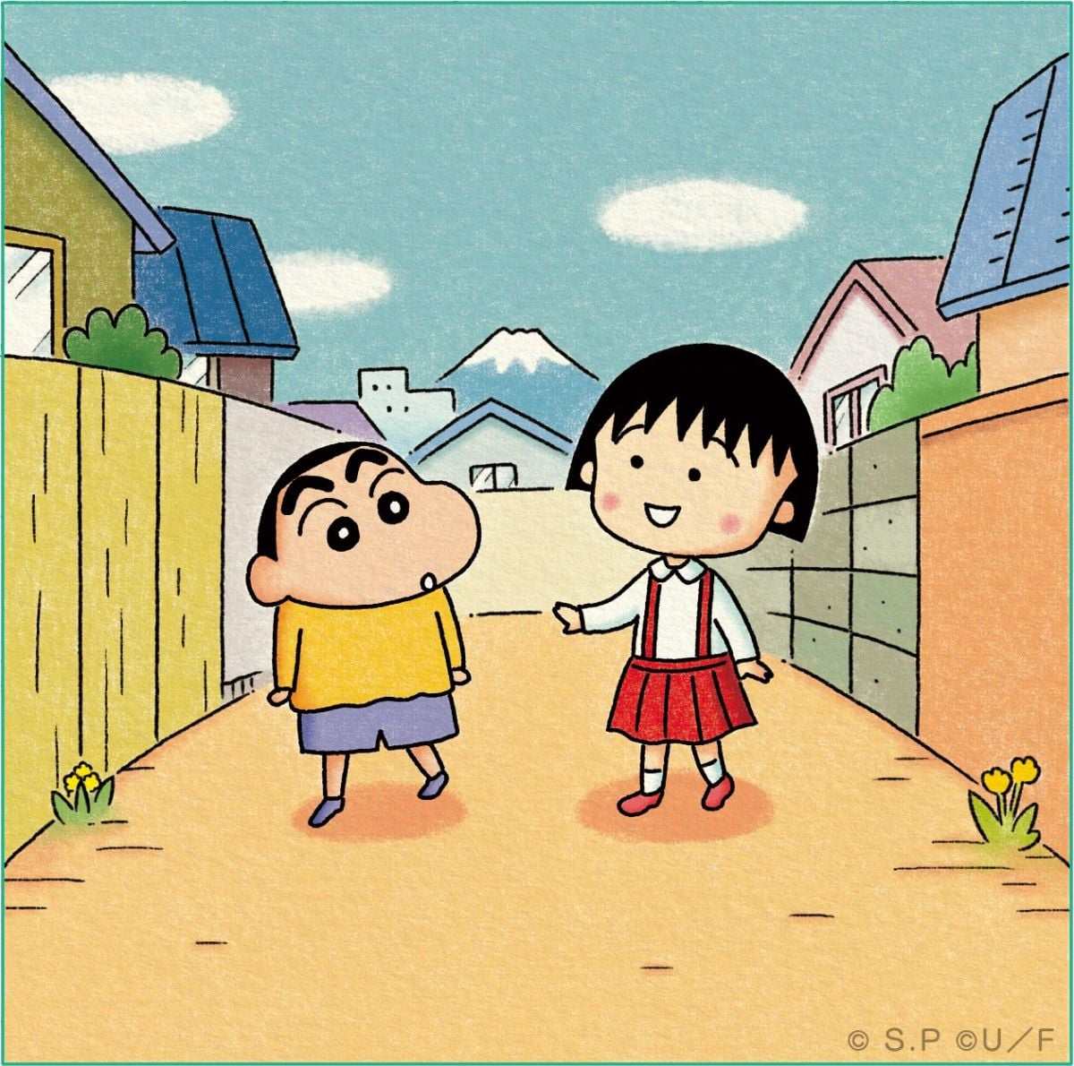 Two anime children characters standing on a street with houses and mountain backdrop