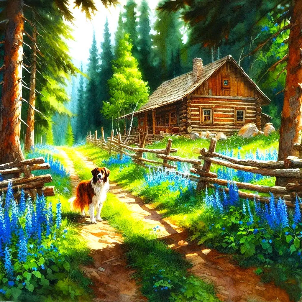 Rustic log cabin in forest clearing with dog on flower-lined path under sunlit trees