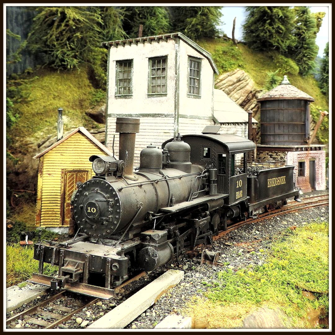 Vintage steam locomotive on narrow tracks beside small buildings and grassy hillside