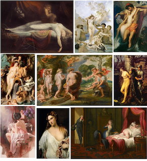 Collage of Renaissance-style paintings with women, mythological figures, and classical scenes