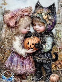 Two children in Halloween costumes holding a jack-o-lantern pumpkin in an autumn setting