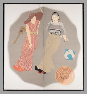 Two women in kimono with parasol, fan, ball and straw hat in Japanese painting style