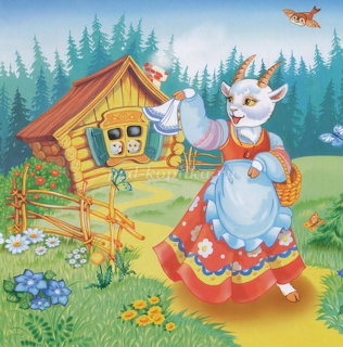 Cartoon goat in a dress and apron walking beside a wooden cottage in a forest clearing