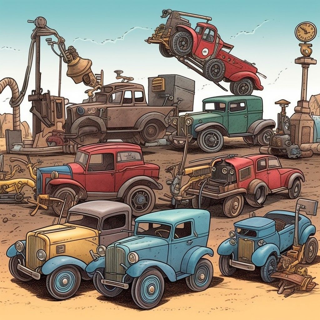 Illustration of several vintage pickup trucks in a dusty yard with old machinery and stacked classic cars