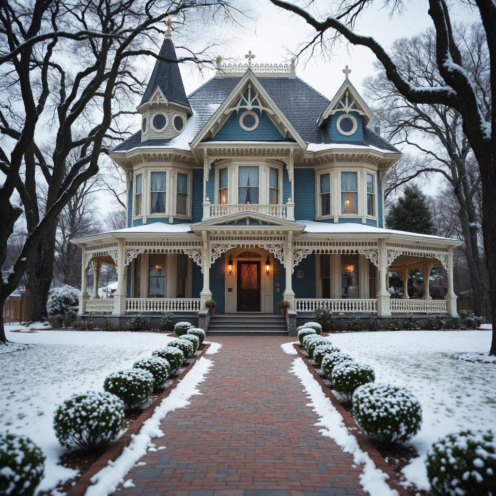 Grand Victorian house with turret and decorative porch in winter snow