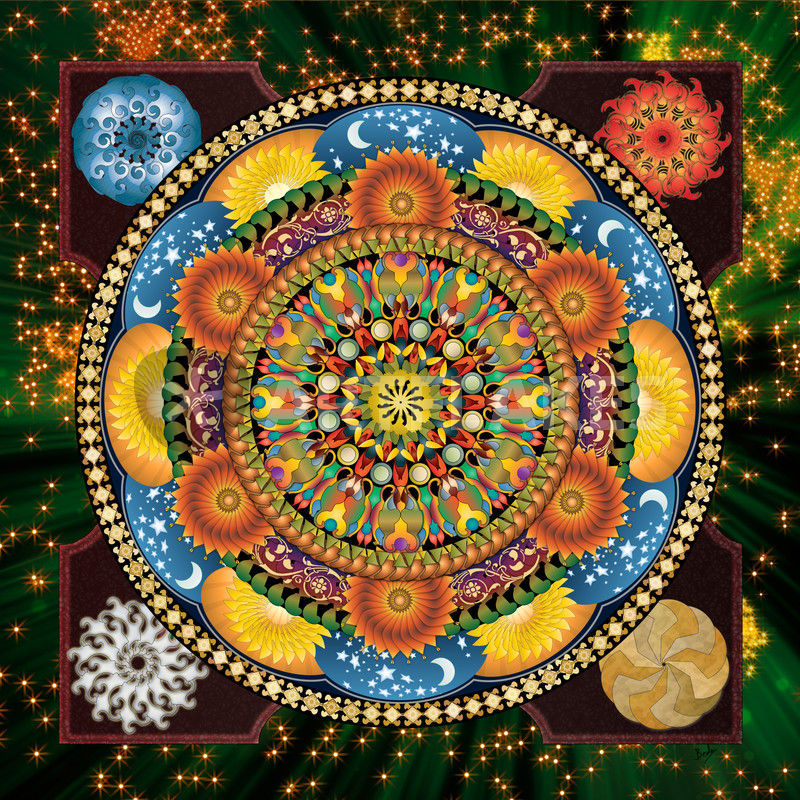 Detailed circular mandala with colorful geometric patterns and floral elements on dark background