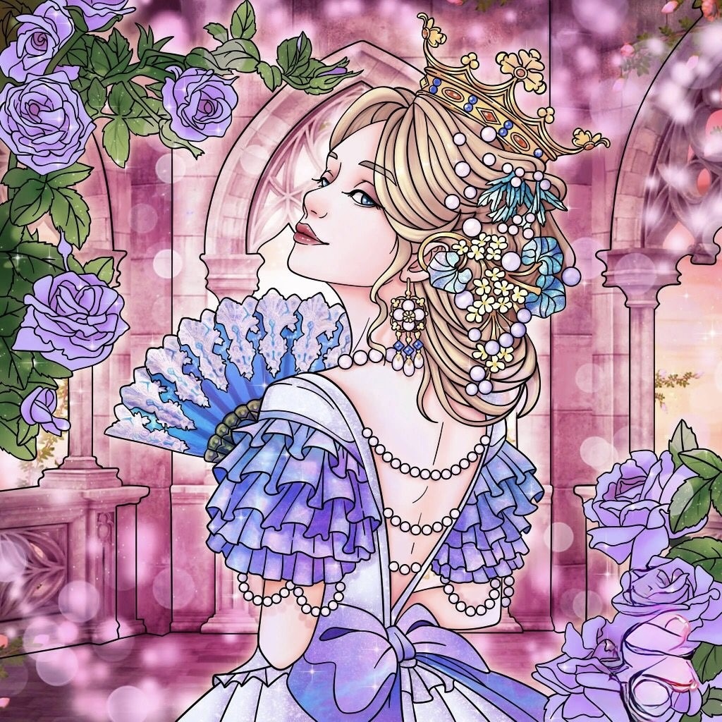 Illustrated elegant woman with pearls, blue fan, and purple roses in a pink archway setting