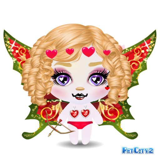 Cartoon cupid girl with blonde curls, heart details, wings, and a bow on a white background