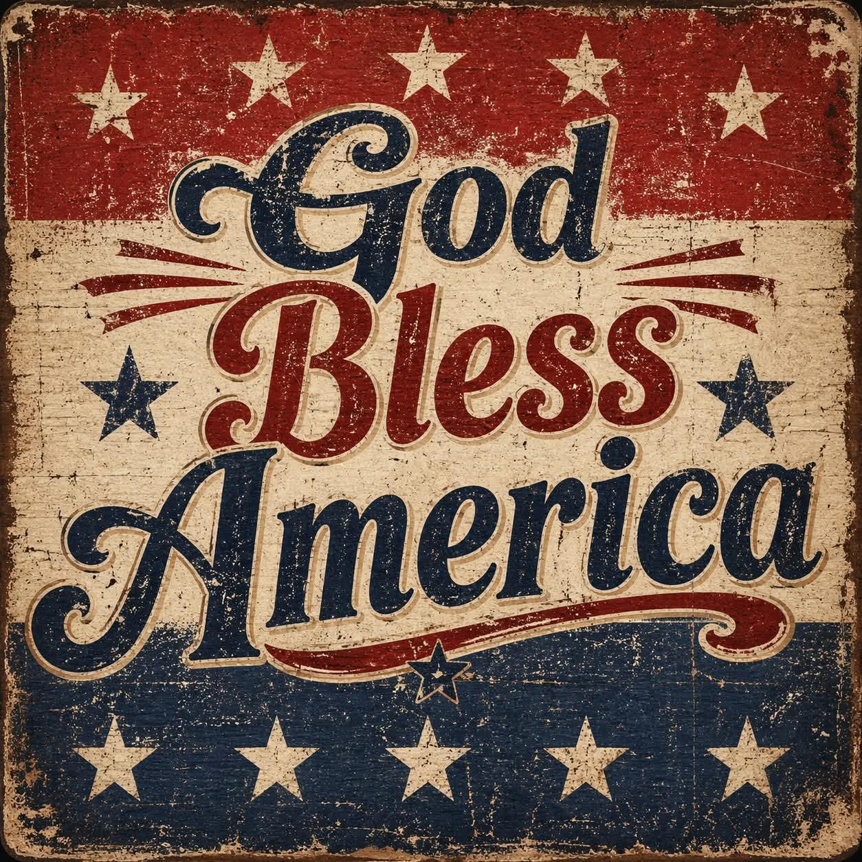 Vintage patriotic sign reading God Bless America with stars and stripes in distressed red white and blue