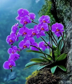 Purple orchid flowers bloming on a mossy rock with misty green mountain background