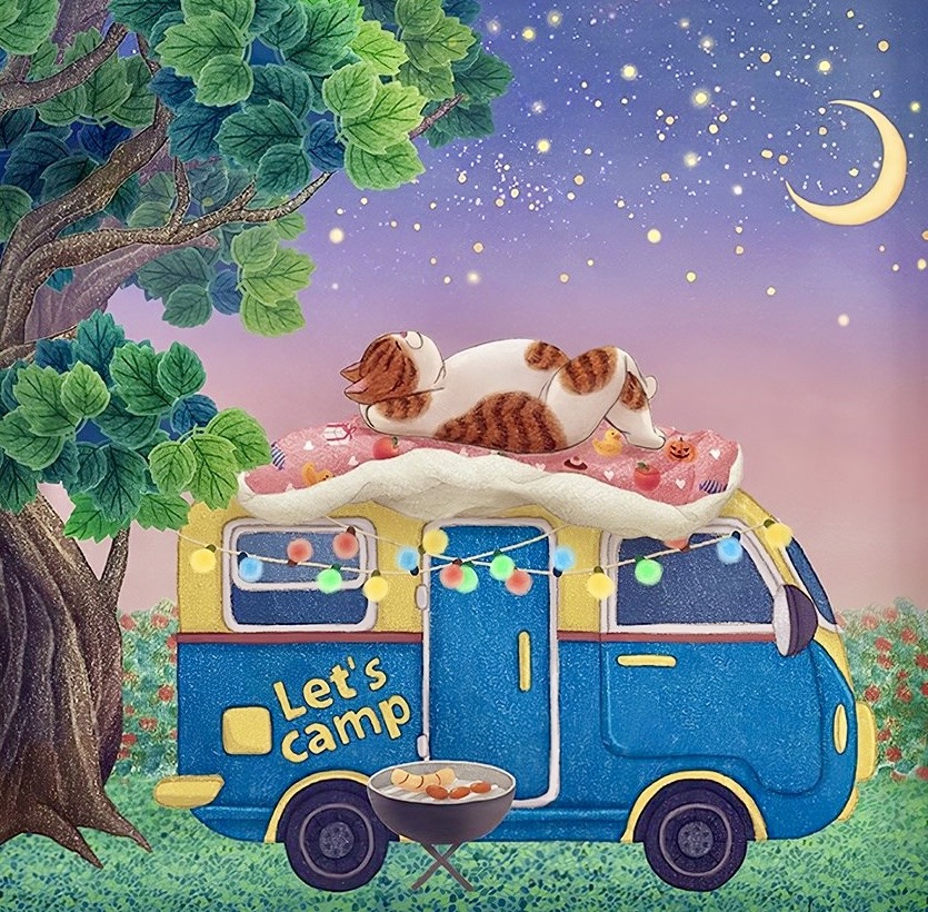 Orange cat sleeping on roof of blue retro camper van under starry purple sky with crescent moon and tree