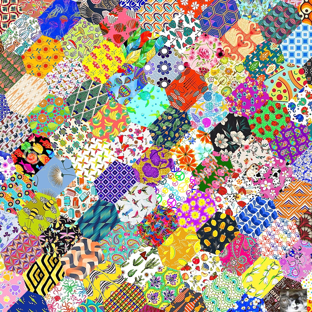 Colorful patchwork quilt with diverse fabric patterns including flowers, dots, stripes, and geometric shapes