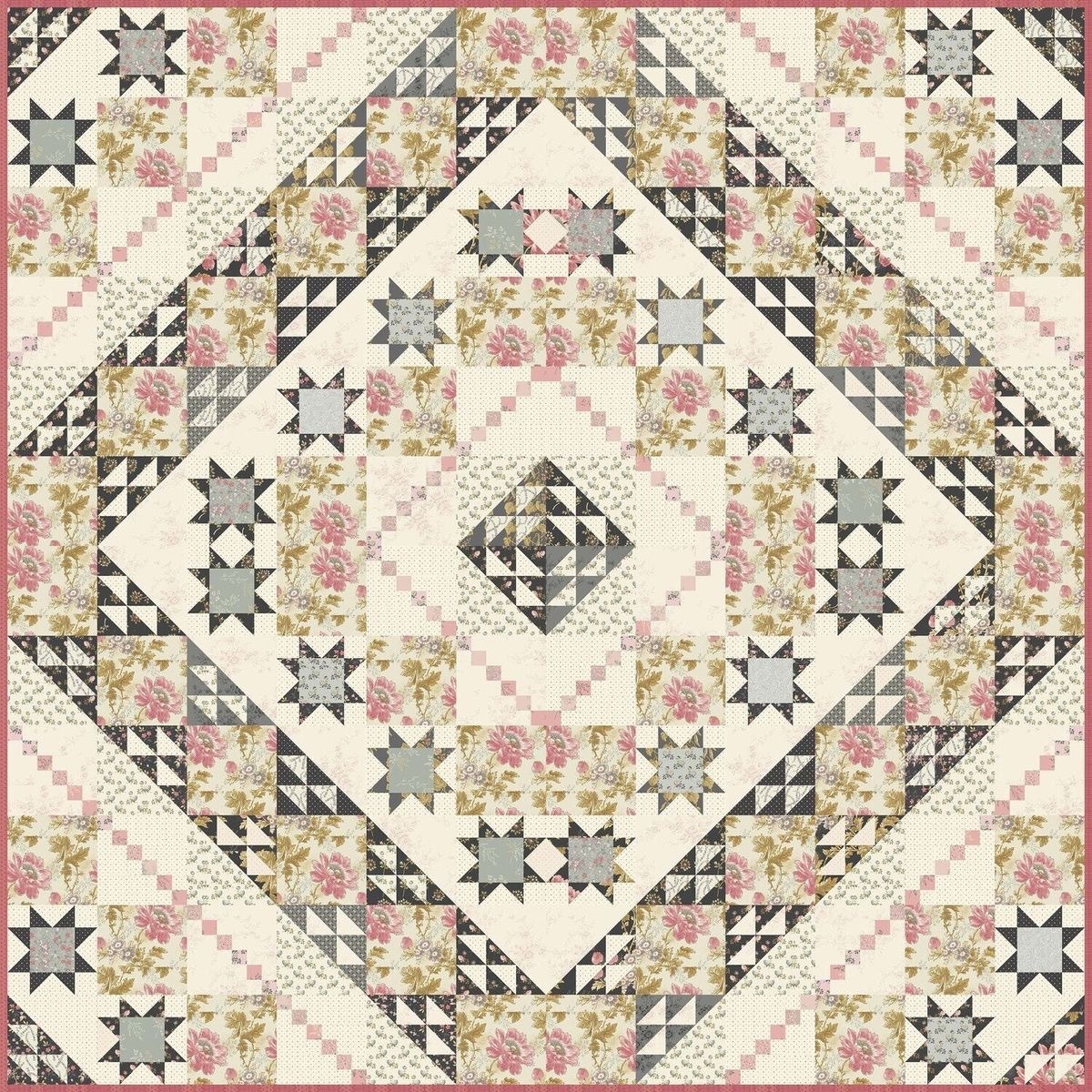 Square floral patchwork quilt pattern with star blocks and pastel geometric designs