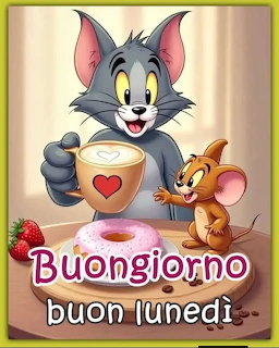 Tom the cat holding a heart mug with Jerry the mouse beside him, both smiling