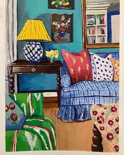Colorful painting of a bedroom with patterned pillows, yellow lamp on nightstand, and green armchair