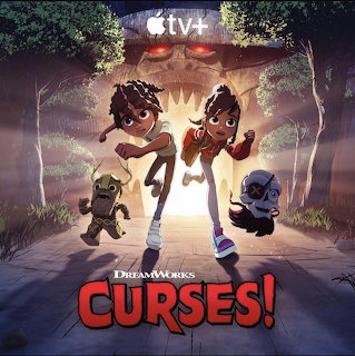 Animated poster of two kids running from a glowing cave with spooky creatures in a dark forest