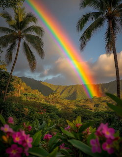 Double rainbow over green tropical valley with palm trees and pink flowers against mountain backdrop