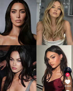 Collage of four glamorous women with dark and blonde hair in close-up portrait shots