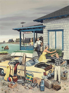 Retro family packing car for beach vacation at coastal rest area