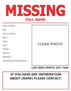 Blank missing person flyer template with red MISSING text and detail fields