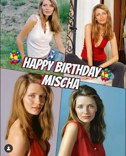 Four-photo collage of a young woman with Happy Birthday Mischa text and balloon icons.