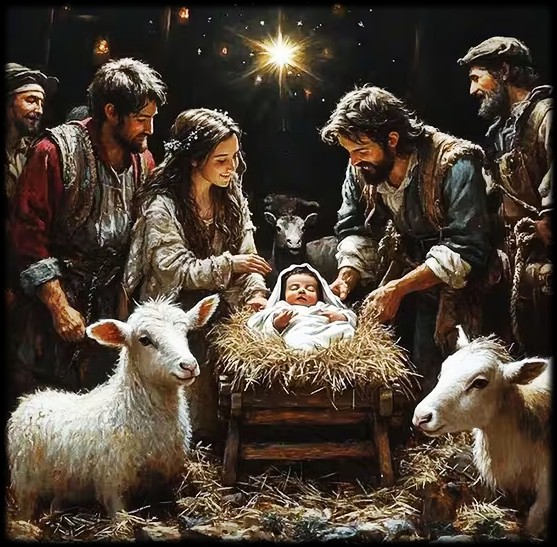 Nativity scene with Mary, Joseph, infant Jesus, shepherds, sheep and goats under the Star of Bethlehem