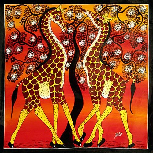Two decorative giraffes in Tinga Tinga style with patterned bodies and floral elements on red-orange background