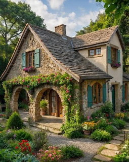 Stone cottage with arched entrance, ivy-covered walls, and colorful garden pathway