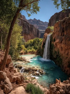 Waterfall flowing into a turquoise pool in a red rock canyon with green trees and blue sky