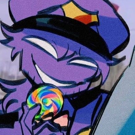 Purple Guy FNAF character illustration holding rainbow lollipop