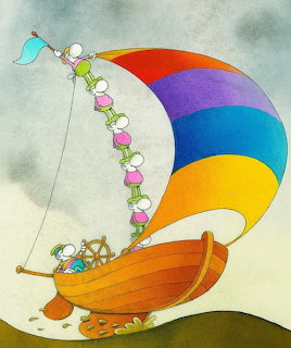Illustrated wooden sailboat with rainbow sail and tiny figures climbing rope against cloudy sky