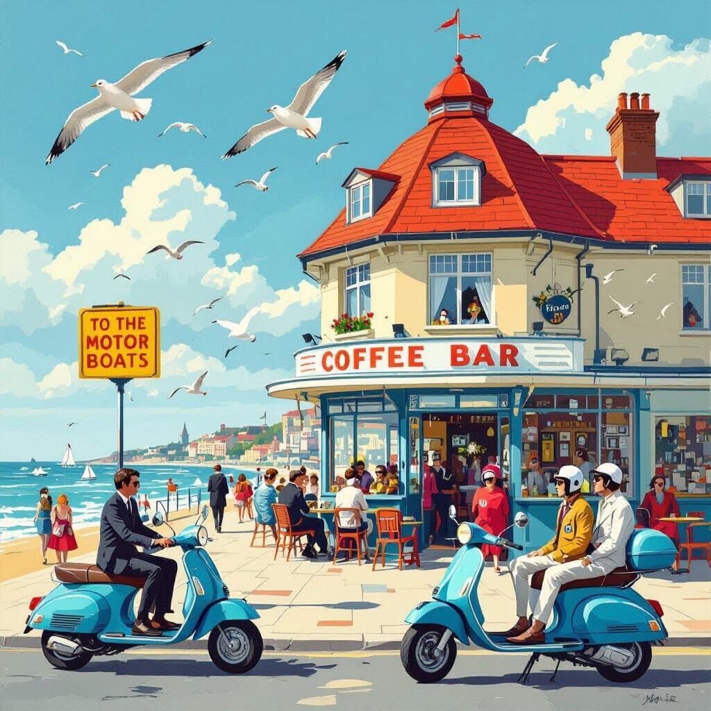 Vintage-style illustration of a busy beachfront coffee bar with people, scooters, and seagulls under blue sky