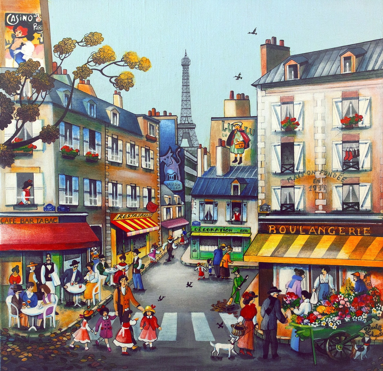 Colorful folk art painting showing a busy Paris street with cafes, people, flower stalls, and the Eiffel Tower in background