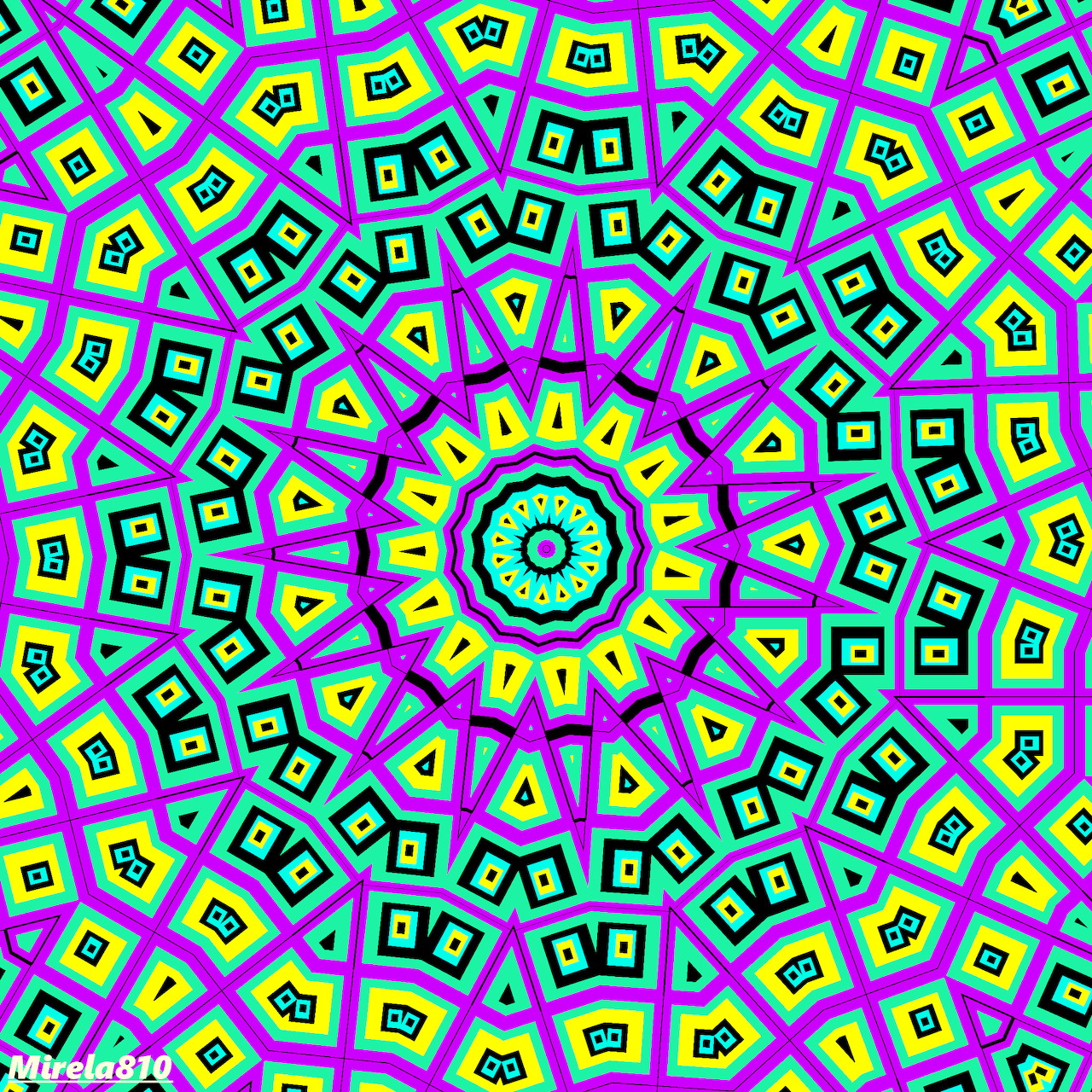 Colorful mandala with symmetrical geometric patterns in bright neon colors radiating from center