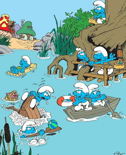 Smurfs cartoon characters swimming and playing in a river near a large tree with a wooden dock
