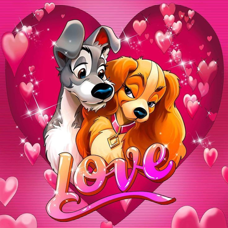 Cartoon dogs Lady and Tramp embracing in front of pink heart with floating hearts