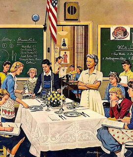 Vintage illustration of a teacher and students in a home economics classroom around a formal dining table