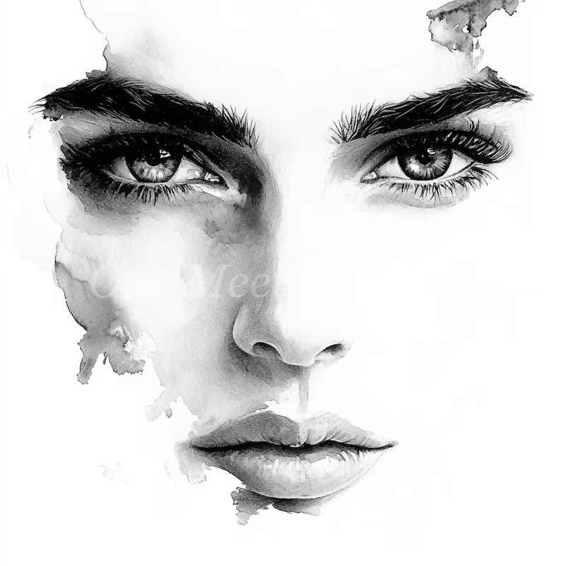 Black and white artistic portrait of a woman's face with strong eyes and soft watercolor edges