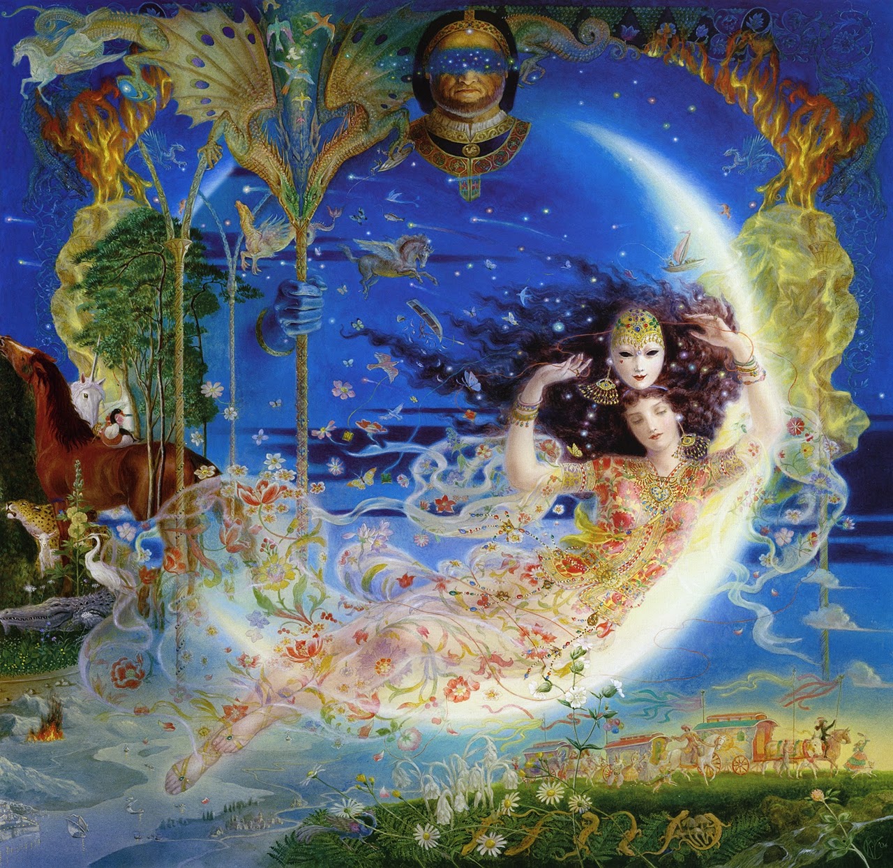 Woman on crescent moon with peacocks and stars in fantasy art style