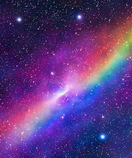 Rainbow gradient across purple starry galaxy with nebula clouds