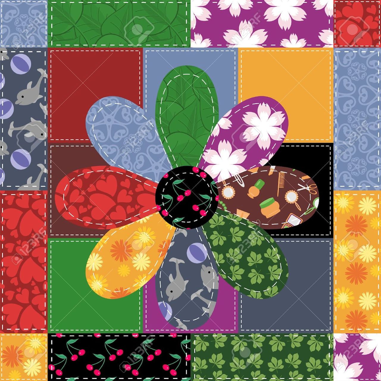 Quilted patchwork art with flower petals in assorted fabric patterns on multicolored square background