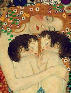 Painting of a mother holding two children with ornate gold and colorful decorative pattern background