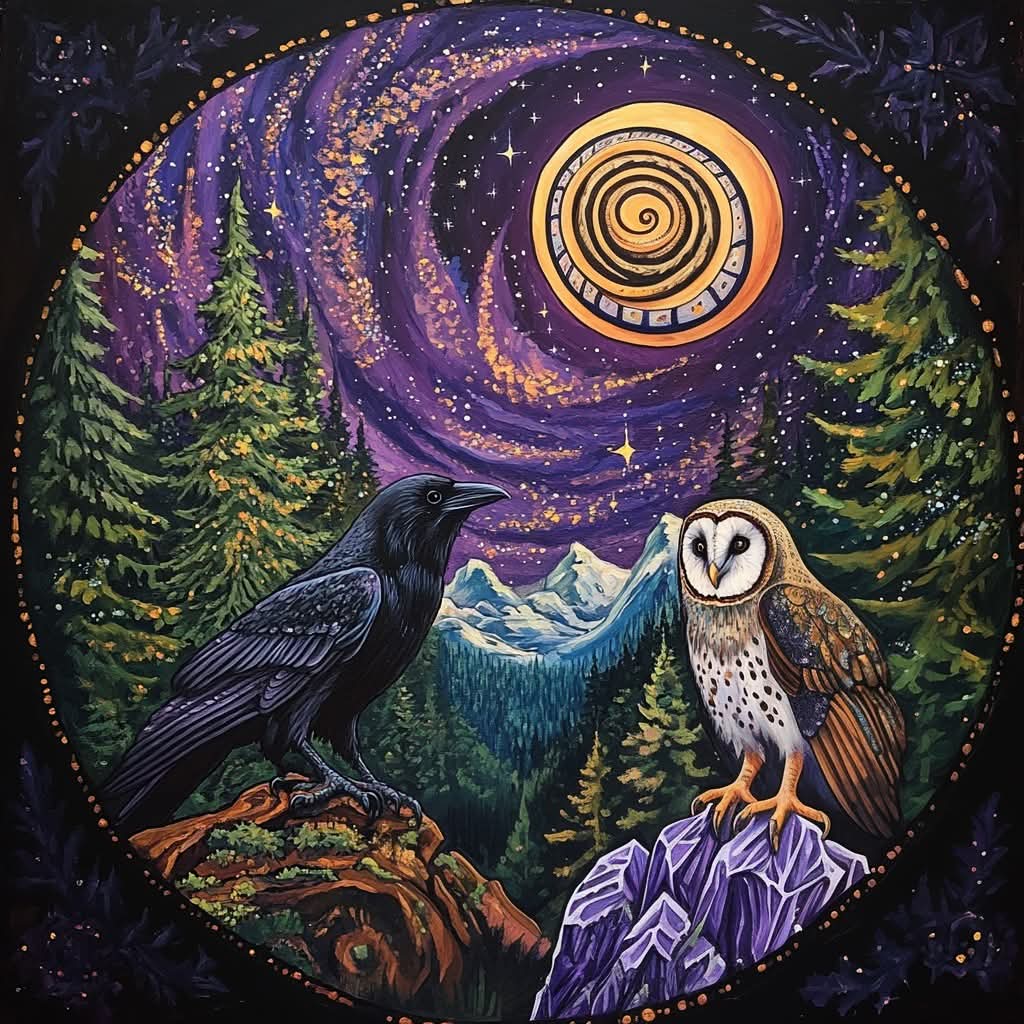 Circular painting of raven and owl under swirling moon with spiral patterns, starry sky, and evergreen trees