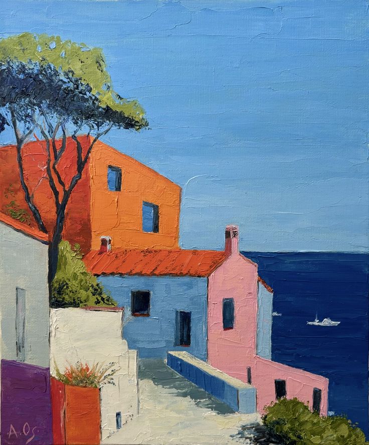 Painting of colorful coastal houses by the sea with a tree and boat in the distance