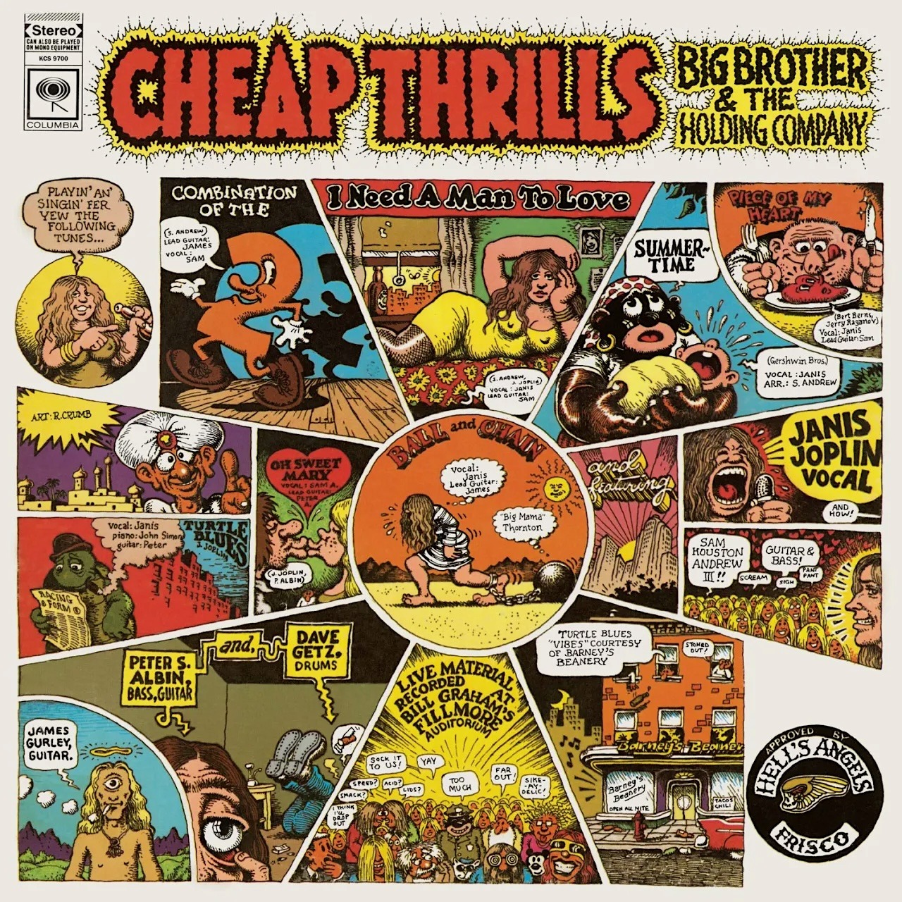 Comic-style Cheap Thrills album cover by Big Brother and the Holding Company with colorful illustrated panels