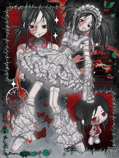 Gothic anime girls with black wings and red accents in dark fantasy style