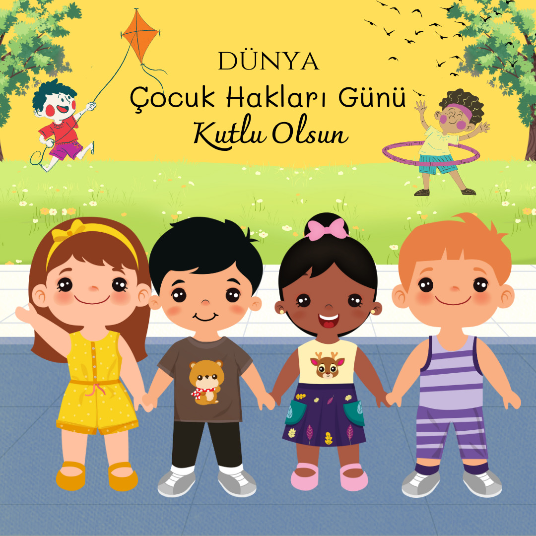 Cartoon children holding hands in a park with Turkish Children's Day greeting text