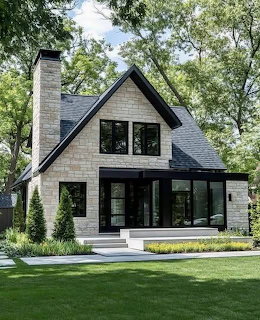Modern stone and black trim house with large windows, green lawn, and surrounding trees