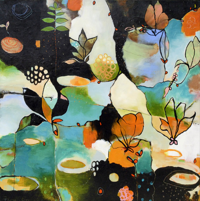 Abstract floral painting with colorful blossoms, leaves, and organic shapes on a dark background